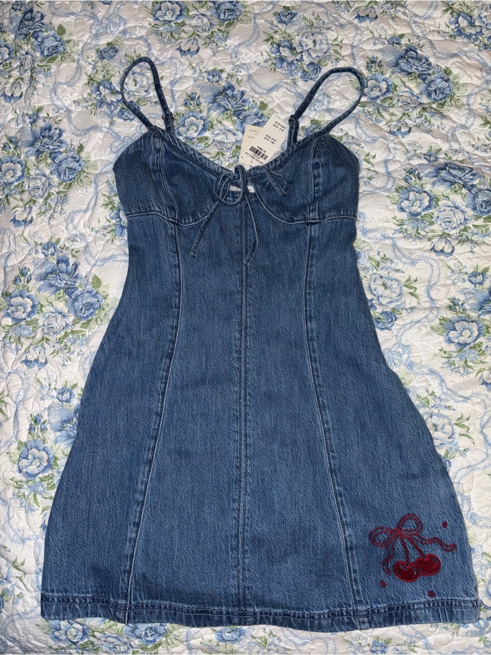 Denim Mini Dress with Cherry Embroidery
